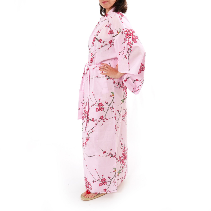 Japanese traditional pink cotton yukata kimono plum and bush warbler for ladies
