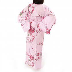 japanische Yukata Kimono rosa Baumwolle, TORIUME, Vogel- und Pflaumenblüten