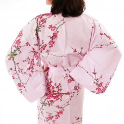 kimono giapponese yukata in cotone rosa, TORIUME, fiori di uccello e prugna