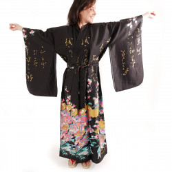 Japanischer traditioneller schwarzer Kimono für Frauen, UTAÔJO, brillante Gedichte und Prinzessinnen