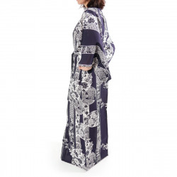 yukata japonés kimono algodón azul, HANAKAMON, círculo de flores