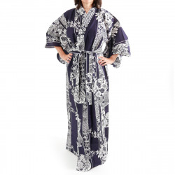 Japanese traditional blue navy cotton yukata kimono flowers in circles for ladies