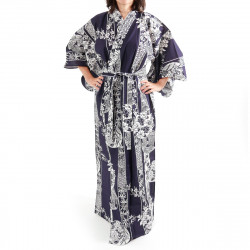 kimono giapponese yukata in cotone blu, HANAKAMON, cerchio di fiori