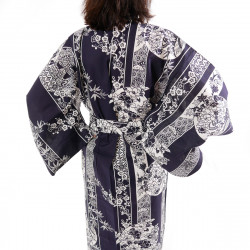 kimono giapponese yukata in cotone blu, HANAKAMON, cerchio di fiori