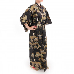 kimono giapponese yukata in cotone nero, TSURU MATSU, pini e gru