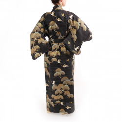 japanischer Yukata Kimono aus schwarzer Baumwolle, TSURU MATSU, Kiefern und Kräne