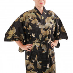 japanischer Yukata Kimono aus schwarzer Baumwolle, TSURU MATSU, Kiefern und Kräne