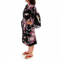 Happi japanischer Kimono aus schwarzer Baumwolle, PEONY TSURU, Kranich und Pfingstrose