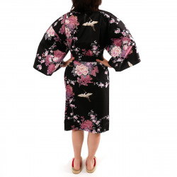 Happi japanischer Kimono aus schwarzer Baumwolle, PEONY TSURU, Kranich und Pfingstrose