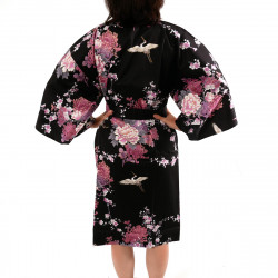 happi japonés kimono algodón negro, PEONY TSURU, grulla y peonía