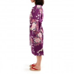 happi kimono giapponese viola felicei in cotone, TSURU PEONY, gru e peonia