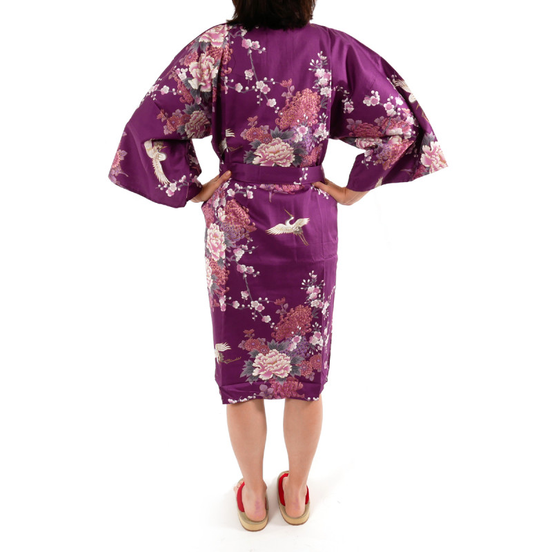 kimono japonés púrpura happi en algodón, TSURU PEONY, grulla y peonía