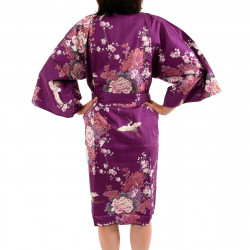happi kimono traditionnel japonais violet en coton satin grue et pivoine pour femme