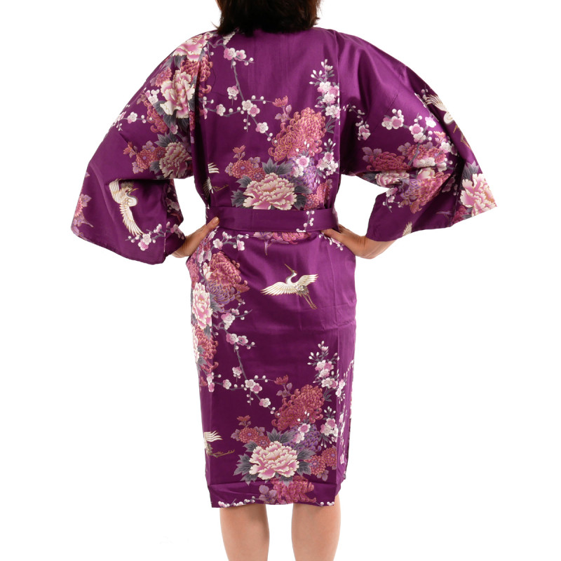 kimono japonés púrpura happi en algodón, TSURU PEONY, grulla y peonía