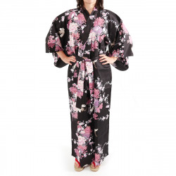 Kimono giapponese in cotone nero, TSURU PEONY, gru e peonia
