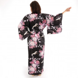 Kimono giapponese in cotone nero, TSURU PEONY, gru e peonia