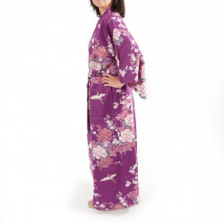 Lila japanischer Baumwoll-Kimono, TSURU PEONY, Kranich und Pfingstrose