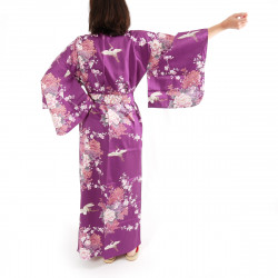 Kimono de algodón japonés morado, TSURU PEONY, grulla y peonía