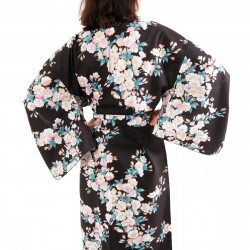 japanischer Yukata Kimono aus schwarzer Baumwolle, SAKURA, Kirschblüten