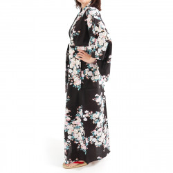 japanischer Yukata Kimono aus schwarzer Baumwolle, SAKURA, Kirschblüten