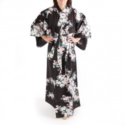 japanischer Yukata Kimono aus schwarzer Baumwolle, SAKURA, Kirschblüten