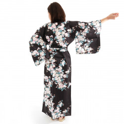 japanischer Yukata Kimono aus schwarzer Baumwolle, SAKURA, Kirschblüten