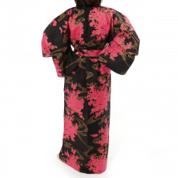 kimono giapponese yukata in cotone nero, PEONY, peonie galleggianti