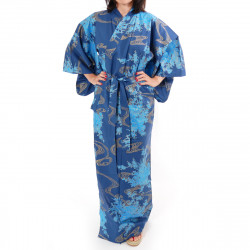 Japanese traditional blue navy cotton yukata kimono flowing peony for ladies