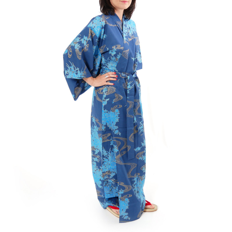 japanische Yukata Kimono blaue Baumwolle, PEONY, schwimmende Pfingstrosen