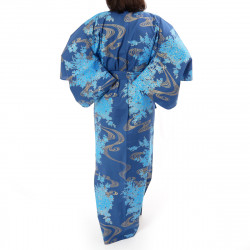 japanische Yukata Kimono blaue Baumwolle, PEONY, schwimmende Pfingstrosen