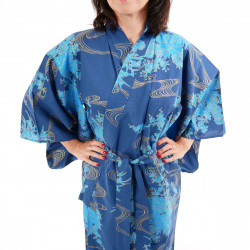 kimono giapponese yukata in cotone blu, PEONY, peonie galleggianti