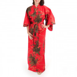 Japanese traditional red cotton yukata kimono flowing peony for ladies