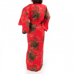 japanische Yukata Kimono rote Baumwolle, PEONY, schwimmende Pfingstrosen