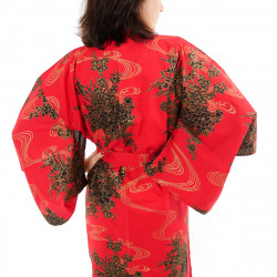 japanische Yukata Kimono rote Baumwolle, PEONY, schwimmende Pfingstrosen