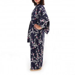 japanische Yukata Kimono blaue Baumwolle, UME, Pflaumenblüte