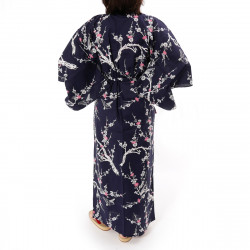 yukata japonés kimono algodón azul, UME, flor del ciruelo