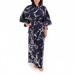 yukata japonés kimono algodón azul, UME, flor del ciruelo