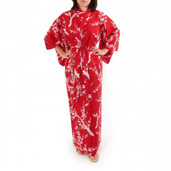 kimono giapponese yukata in cotone rosso, UME, fiori di pruno