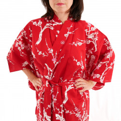 japanische Yukata Kimono rote Baumwolle, UME, Pflaumenblüten