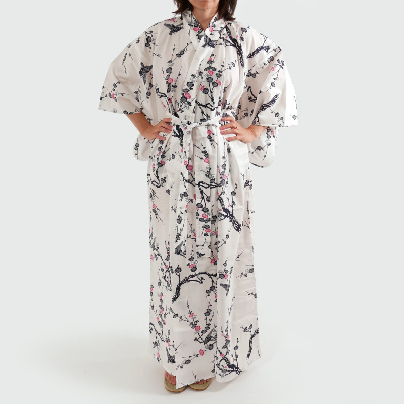 japanischer Yukata Kimono weiße Baumwolle, UME, Pflaumenblüten