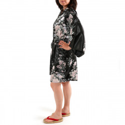 Hanten japonés kimono negro satinado, UTAUME, poesía y flores