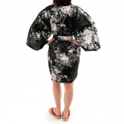 Hanten japonés kimono negro satinado, UTAUME, poesía y flores