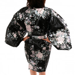 Hanten japonés kimono negro satinado, UTAUME, poesía y flores