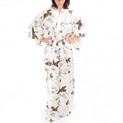 kimono giapponese yukata in cotone bianco, TSURU, gru