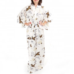 yukata japonés kimono algodón blanco, TSURU, grúas