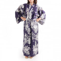 yukata japonés kimono algodón azul, PEONY GEISHA, Peonía y bellezas japonesas