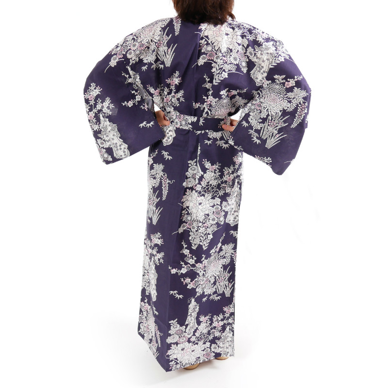 japanische Yukata Kimono blaue Baumwolle, PEONY GEISHA, Pfingstrose und japanische Schönheiten