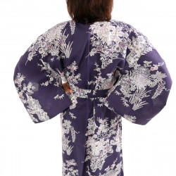 japanische Yukata Kimono blaue Baumwolle, PEONY GEISHA, Pfingstrose und japanische Schönheiten