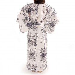 kimono giapponese yukata in cotone bianco, PEONY GEISHA, fiori di peonia e bellezze giapponesi