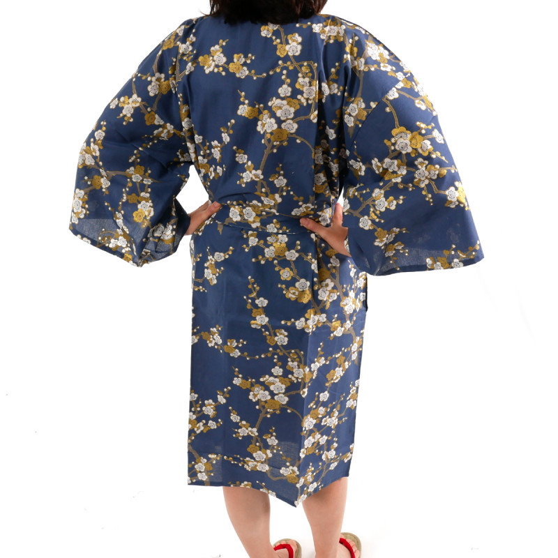 Japanese traditional blue navy cotton happi coat kimono white plum for ladies